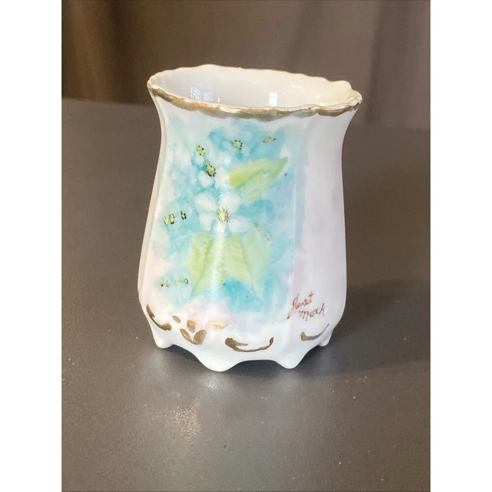 Vintage Toothpick Holder Floral Signed Janet Mock 2.5” Painted Footed